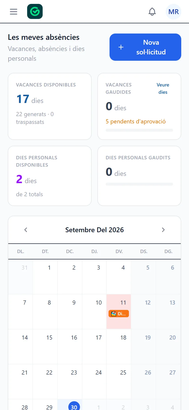 Pantalla d'absències del treballador al mòbil amb els dies de vacances disponibles