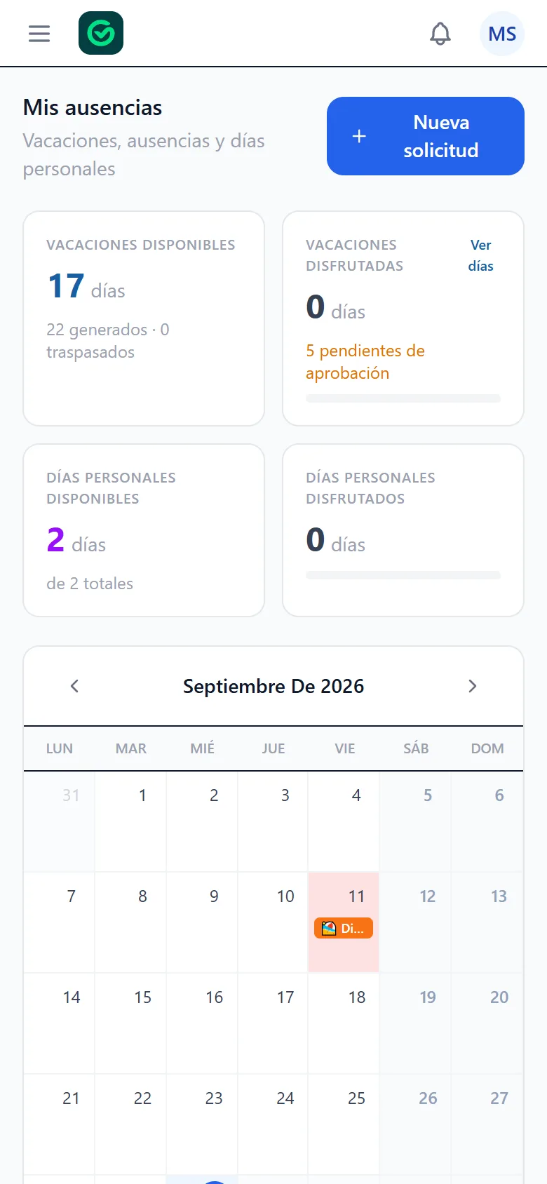 Pantalla de ausencias del trabajador en el móvil con los días de vacaciones disponibles