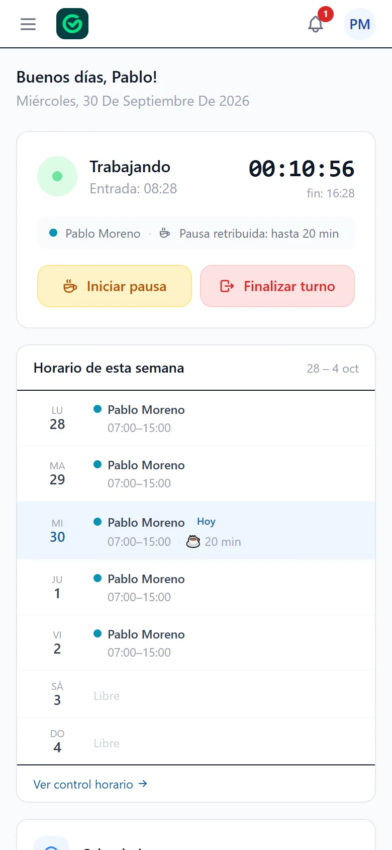 Pantalla del trabajador en el móvil con el turno en marcha y el horario de la semana